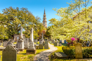 Oldest congregation in Charleston, John C. Calhoun, 2 time VP buried here, Christopher Gadsen, William Rhett, Charles Pinckney and Edward Rutledge buried here, Four-degree tilt due to earthquake of 1886
